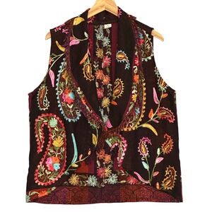 Anu Womens Vest M Brown Wool Embroidered Paisley Fringe Boho Western Eclectic
